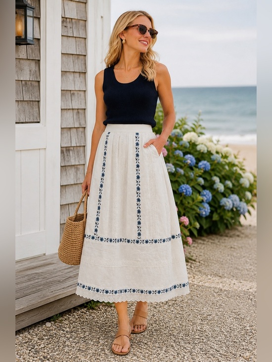 CAROLINE CONSTAS Dresses & Skirts - Caroline Constas White Midi Skirt with Blue Embroidery